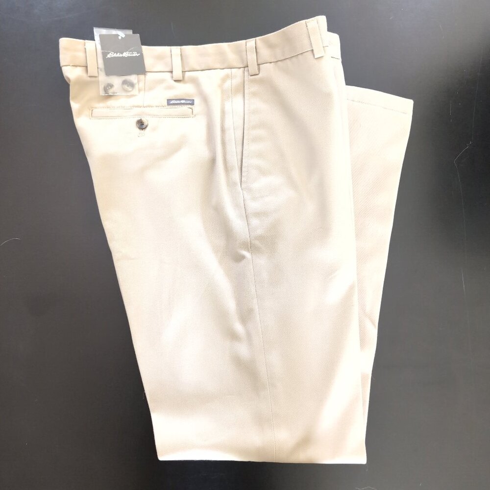 NWT Eddie Bauer 36x33.5 Men's Dress Chino Pants Flat Front Classic Fit Khaki